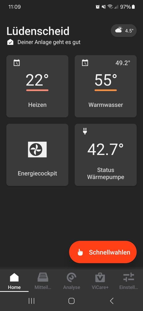 Appanzeige / Vorlauf 43 Grad